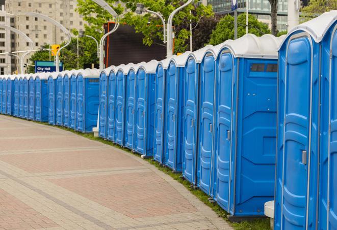 a row of portable restrooms set up for a large athletic event, allowing participants and spectators to easily take care of their needs in Blue Ridge